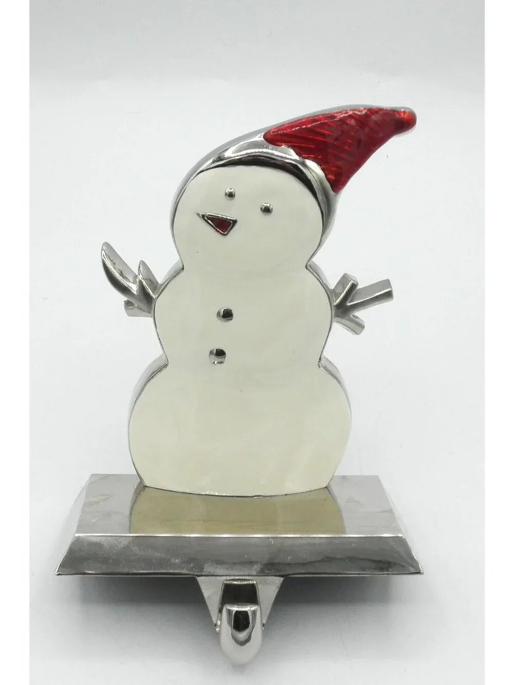 Christmas Snowman Stocking Holder Hanger Red Hat Enamel & Chrome Finish